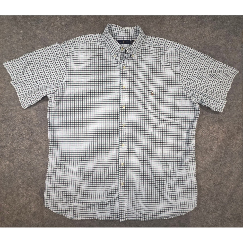 Ralph Lauren Mens 2XLT Plaid Short Sleeve Button Down Shirt Blue Teal Cotton